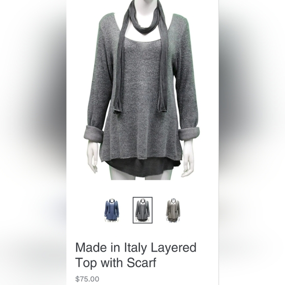 Made in Italy Layered Top Sweater with Scarf Charcoal Gray with Floral Women's M - Picture 9 of 9